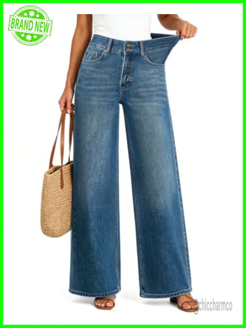 High Waisted Baggy Wide Leg Stretchy Tummy Control Jeans - Picture 1 of 5